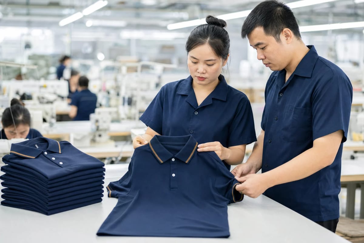 Kiểm tra chất lượng áo polo tại xưởng