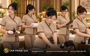 Đồng phục cho nhân viên Spa kiểu vạt chéo tạo điểm nhấn