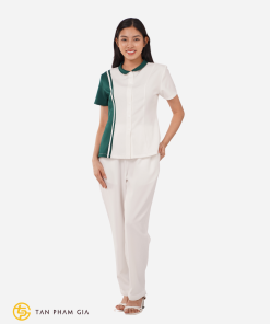 Đồng phục spa màu trắng phối xanh lá