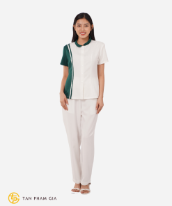 Đồng phục spa màu trắng phối xanh lá