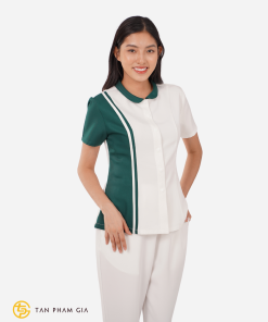 Đồng phục spa màu trắng phối xanh lá