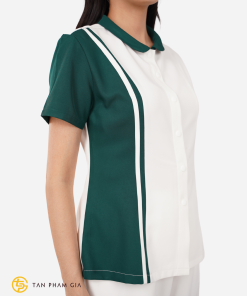 Đồng phục spa màu trắng phối xanh lá