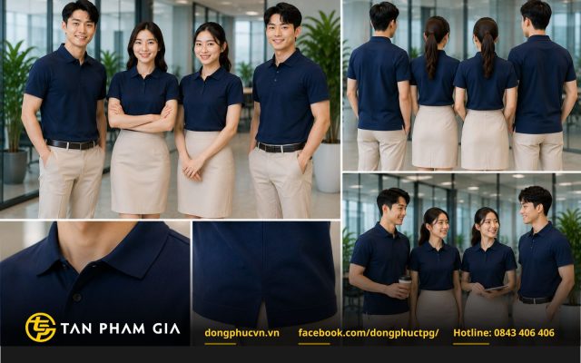 Mẫu áo phông đồng phục polo xẻ tà vạt áo