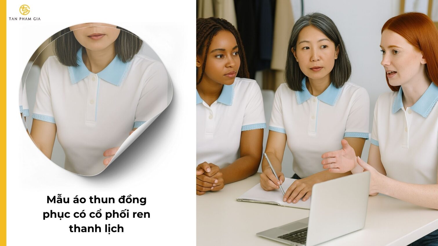 Mẫu áo thun đồng phục có cổ phối ren thanh lịch