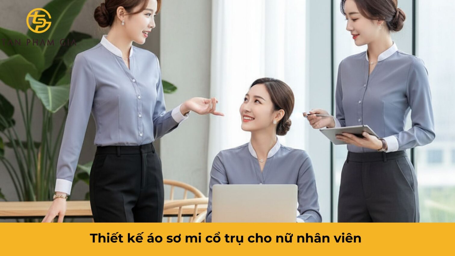 Mẫu áo đồng phục văn phòng công sở cổ trụ
