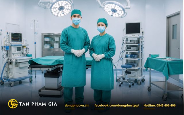 Đồng phục bác sĩ phẫu thuật áo tay dài màu xanh lá cây