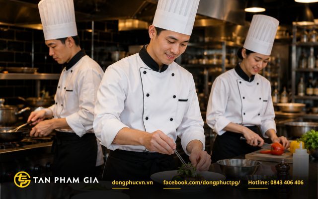 Đồng phục bếp nhà hàng với hai gam màu trắng đen